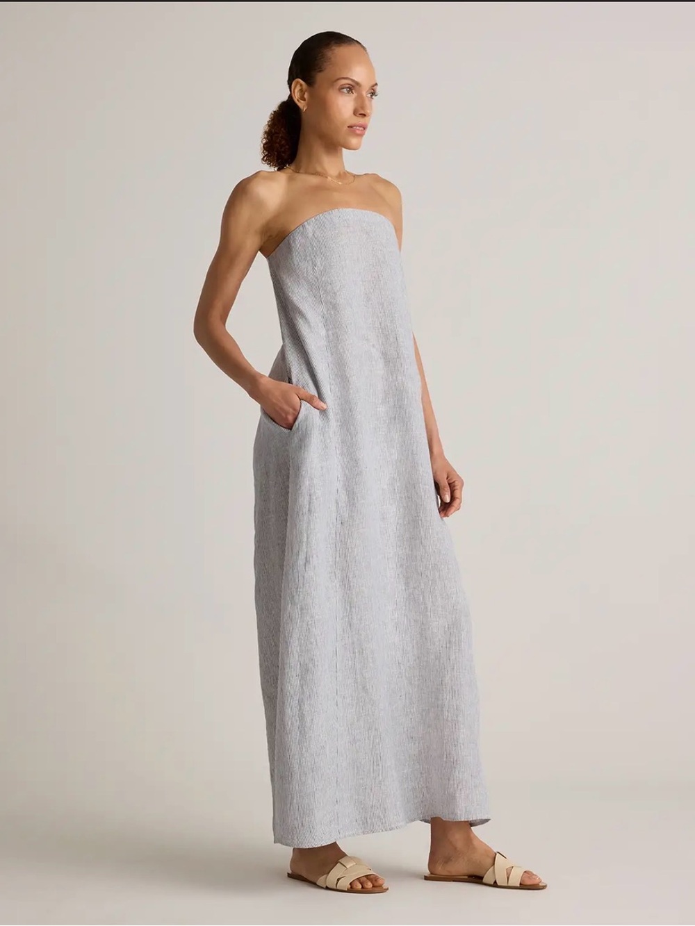 Quince Strapless Light Gray European Linen Maxi Dress